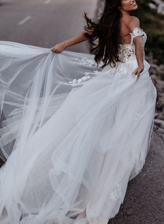 White Off The Shoulder Tulle A-Line Wedding Dress with Lace Appliques and Slit Back View