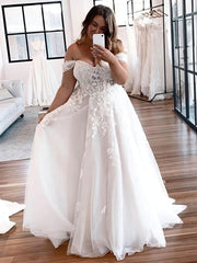 White Off The Shoulder Tulle A-Line Wedding Dress with Lace Appliques