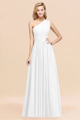 White One Shoulder Chiffon A-Line Long Bridesmaid Dress