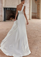 White One Shoulder Mermaid Sweep Train Wedding Dress with Slit Back View