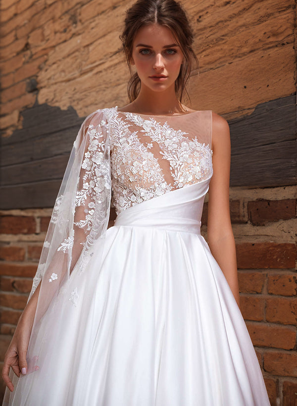 White One Shoulder Satin A-Line Sweep Train Wedding Dress with Lace Appliques, Long Sleeves and Pockets Bodice Detail