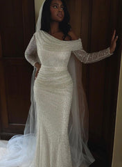 White One Shoulder Sequin Sheath Sweep Train Wedding Dress with Long Sleeves