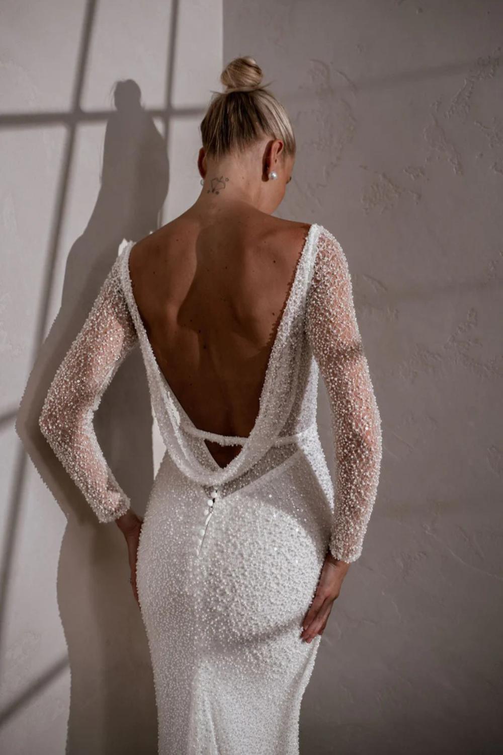 White One Shoulder Sequin Sheath Sweep Train Wedding Dress with Long Sleeves Back Detail