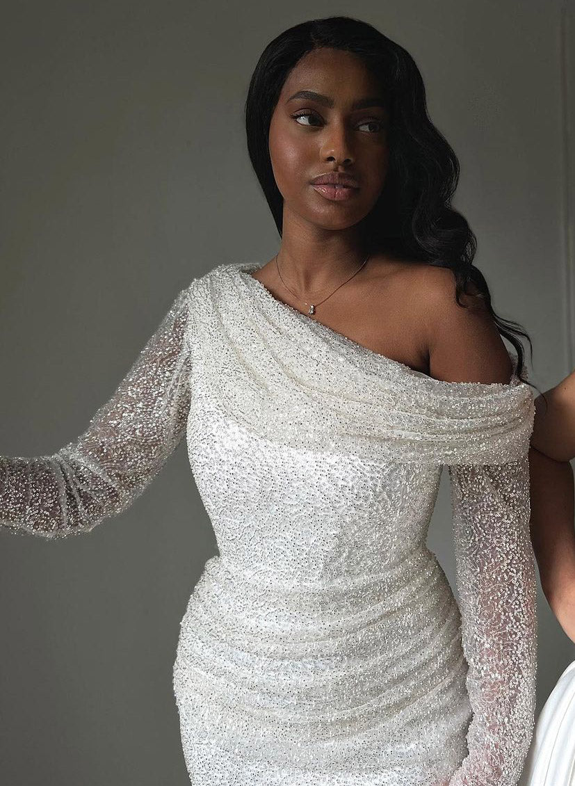 White One Shoulder Sequin Sheath Sweep Train Wedding Dress with Long Sleeves Bodice Detail