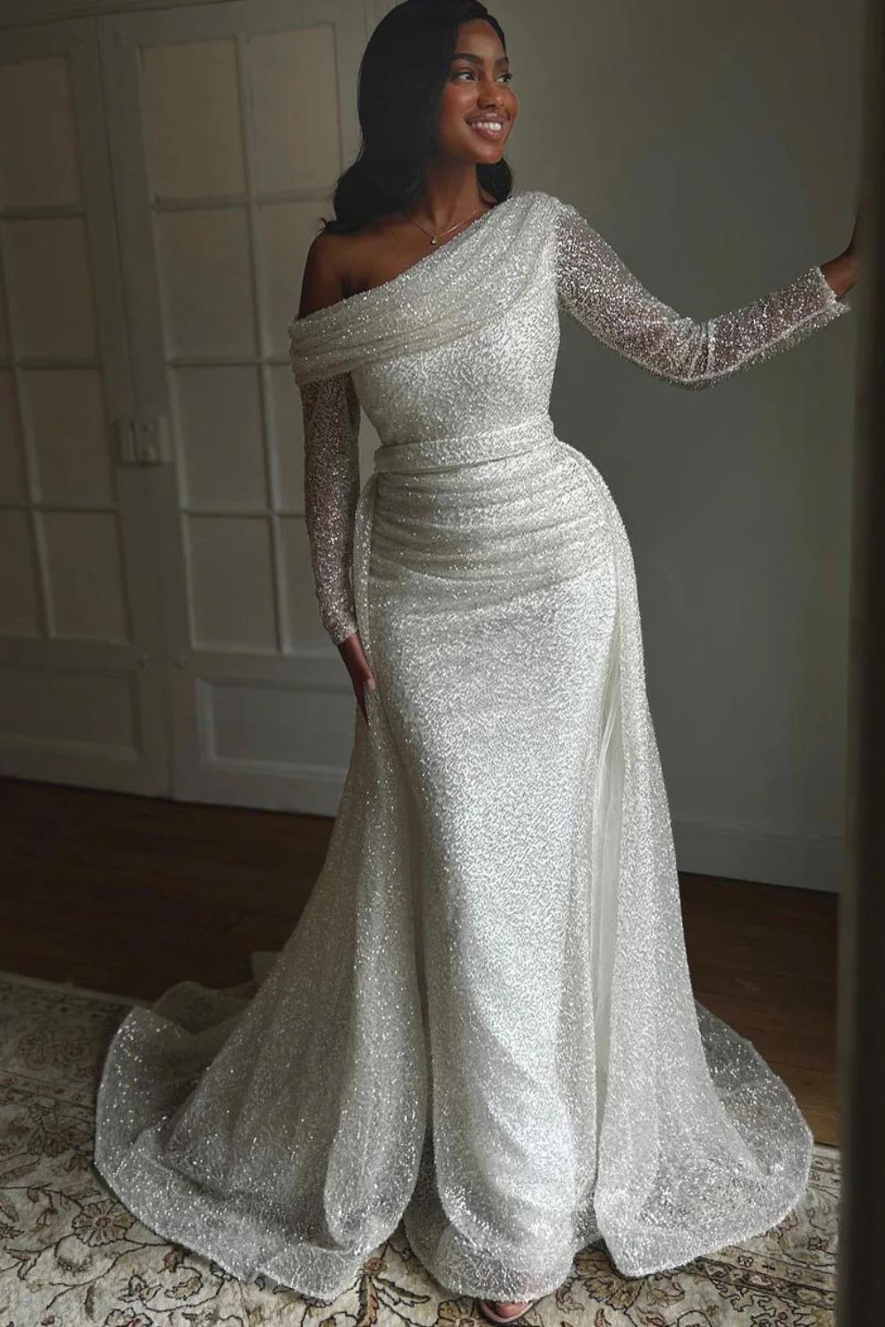 White One Shoulder Sequin Sheath Sweep Train Wedding Dress with Long Sleeves