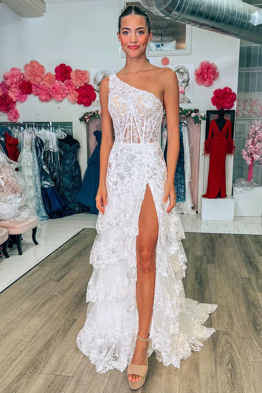 White One Shoulder Tulle A-Line Long Prom Dress with Slit