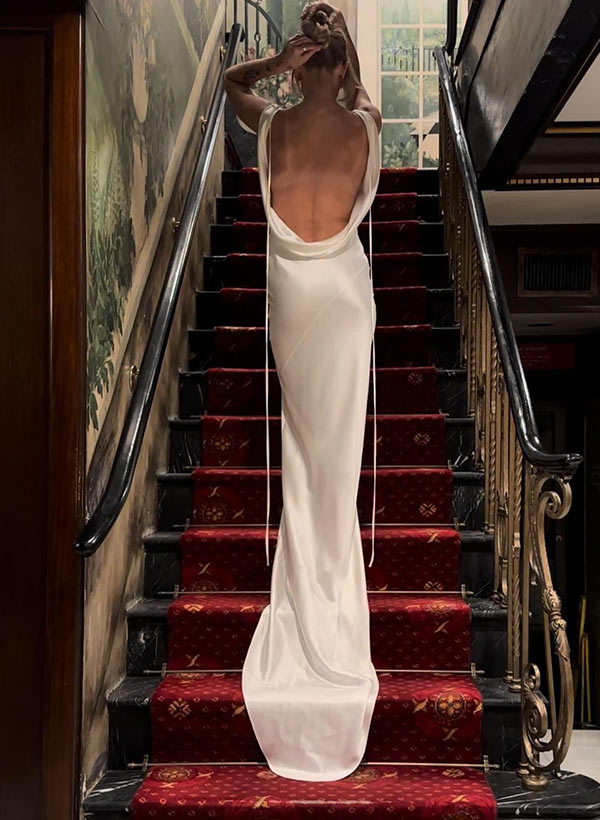 White Satin Sheath Wedding Dress Back View