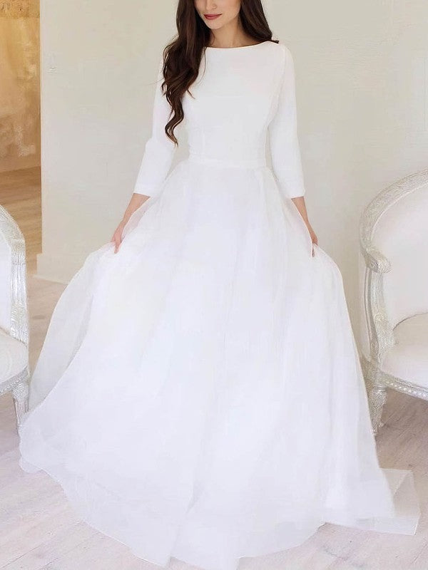 White Scoop Neck A-Line Sweep Train Wedding Dress