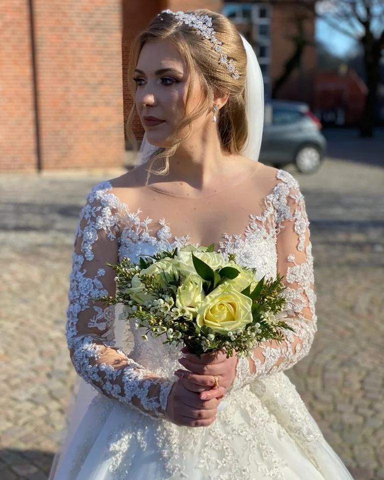 White Scoop Neck Ball Gown Chapel Train Wedding Dress with Lace Appliques and Long Sleeves Bodice Detail