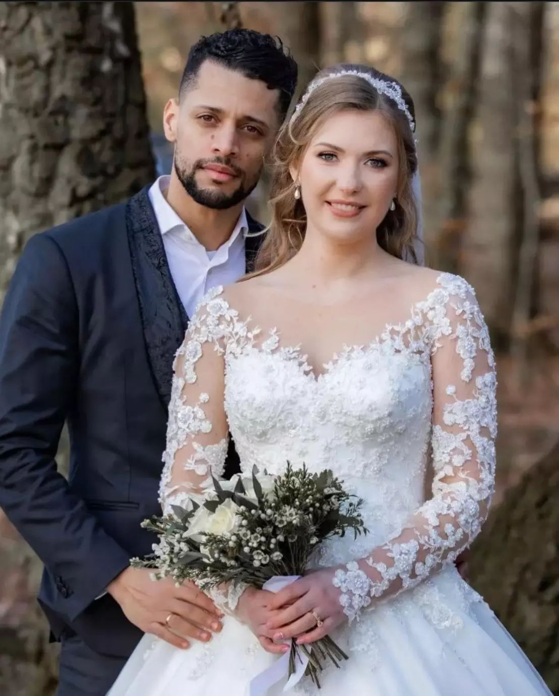 White Scoop Neck Ball Gown Chapel Train Wedding Dress with Lace Appliques and Long Sleeves Bodice Detail