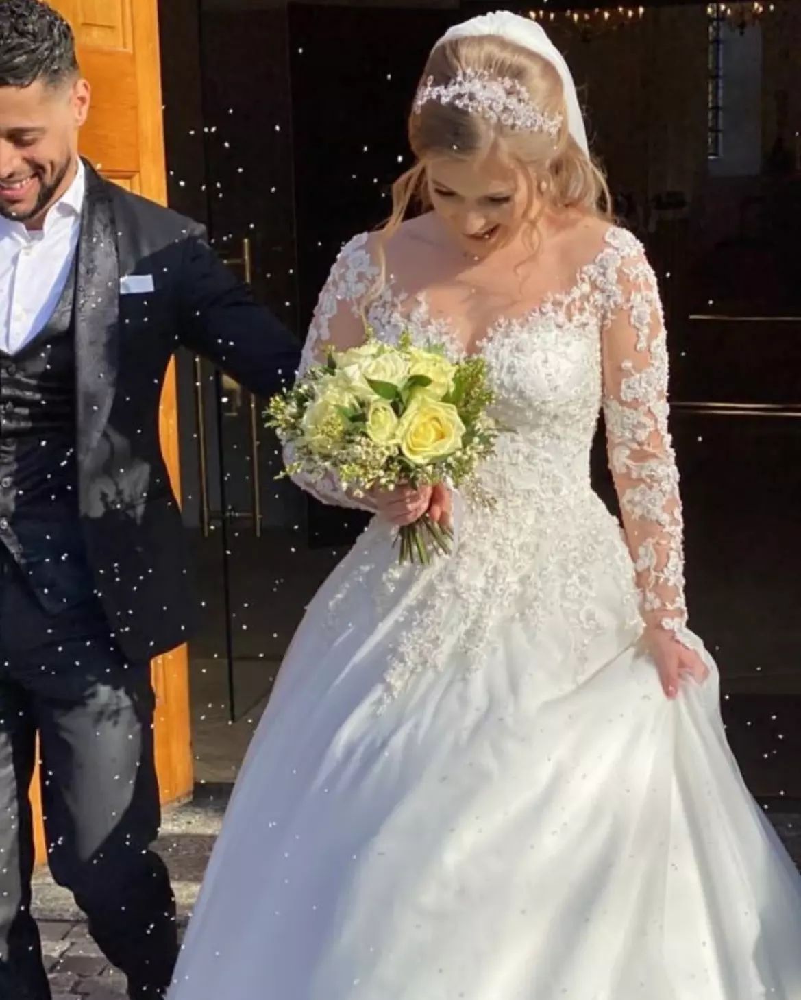 White Scoop Neck Ball Gown Chapel Train Wedding Dress with Lace Appliques and Long Sleeves Bodice Detail
