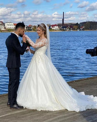 White Scoop Neck Ball Gown Chapel Train Wedding Dress with Lace Appliques and Long Sleeves Side View