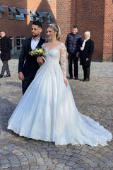 White Scoop Neck Ball Gown Chapel Train Wedding Dress with Lace Appliques and Long Sleeves