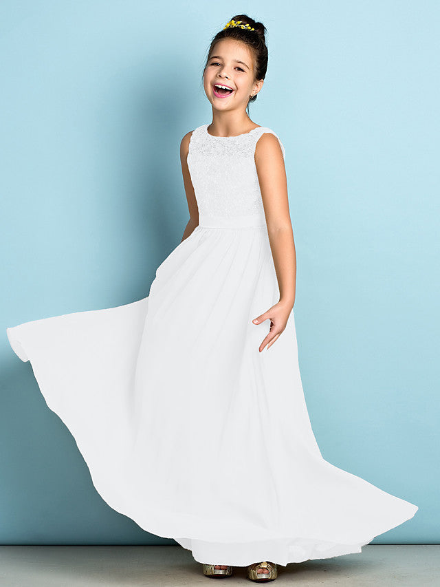 White Scoop Neck Chiffon A-Line Flower Girl Dress