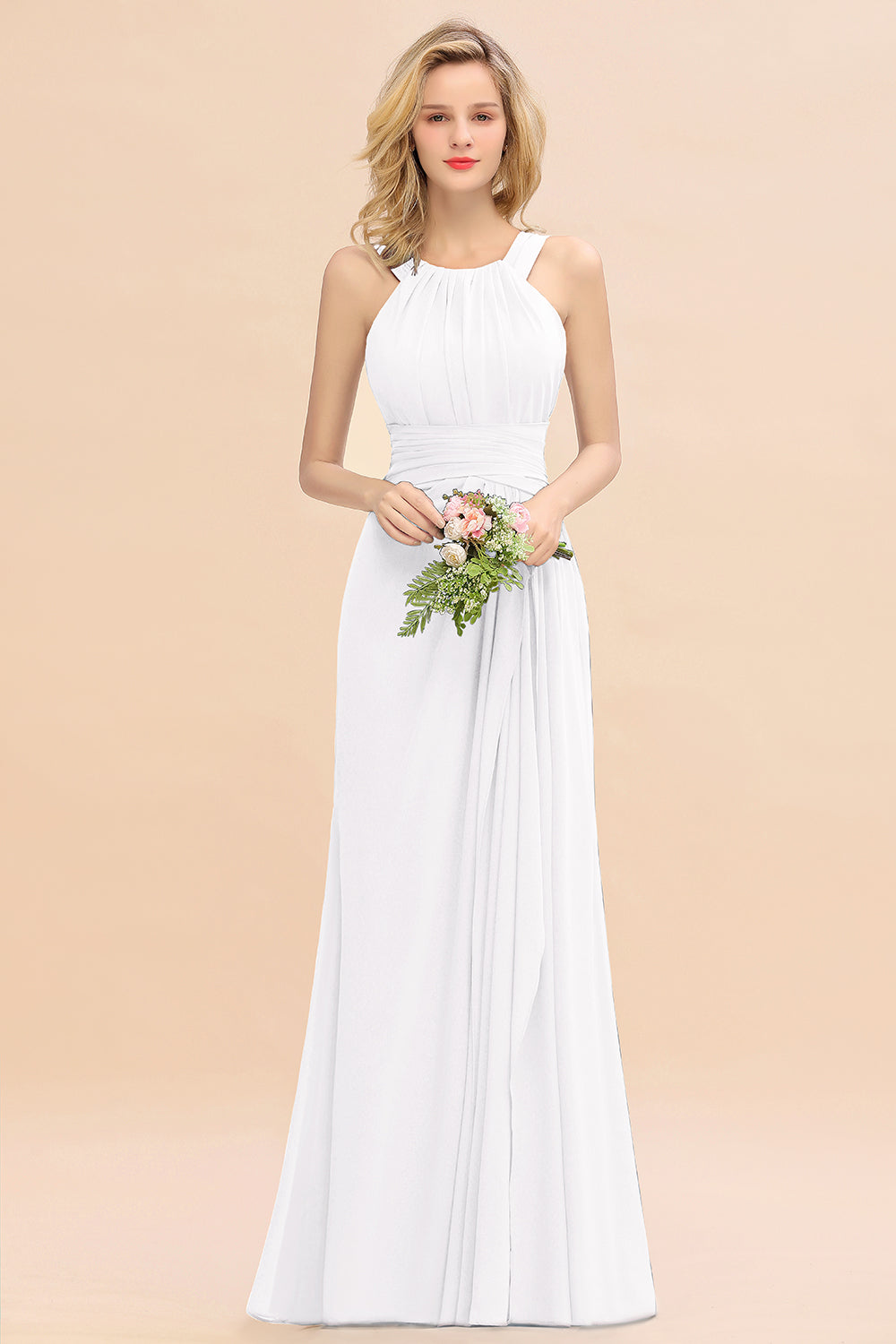 White Scoop Neck Chiffon A-Line Long Bridesmaid Dress