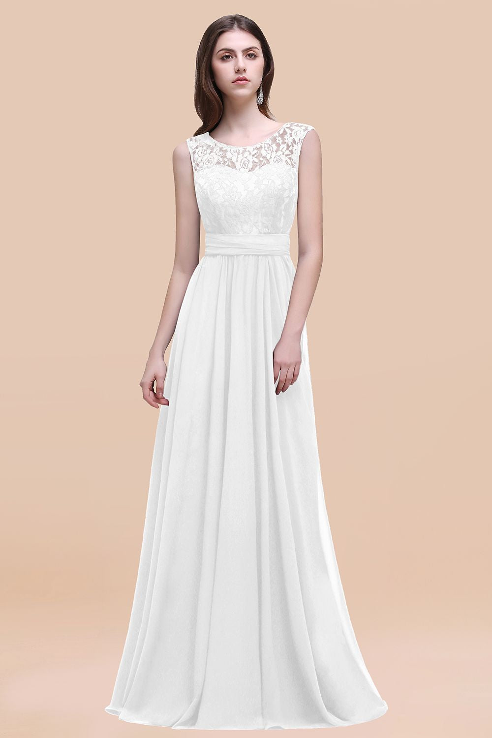 White Scoop Neck Chiffon A-Line Long Bridesmaid Dress