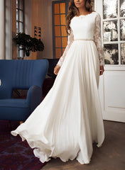 White Scoop Neck Chiffon A-Line Sweep Train Wedding Dress with Lace Appliques and Long Sleeves
