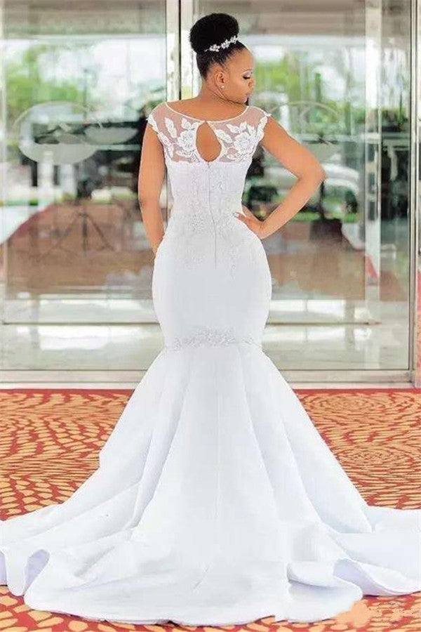 White Scoop Neck Mermaid Chapel Train Wedding Dress with Lace Appliques Back View
