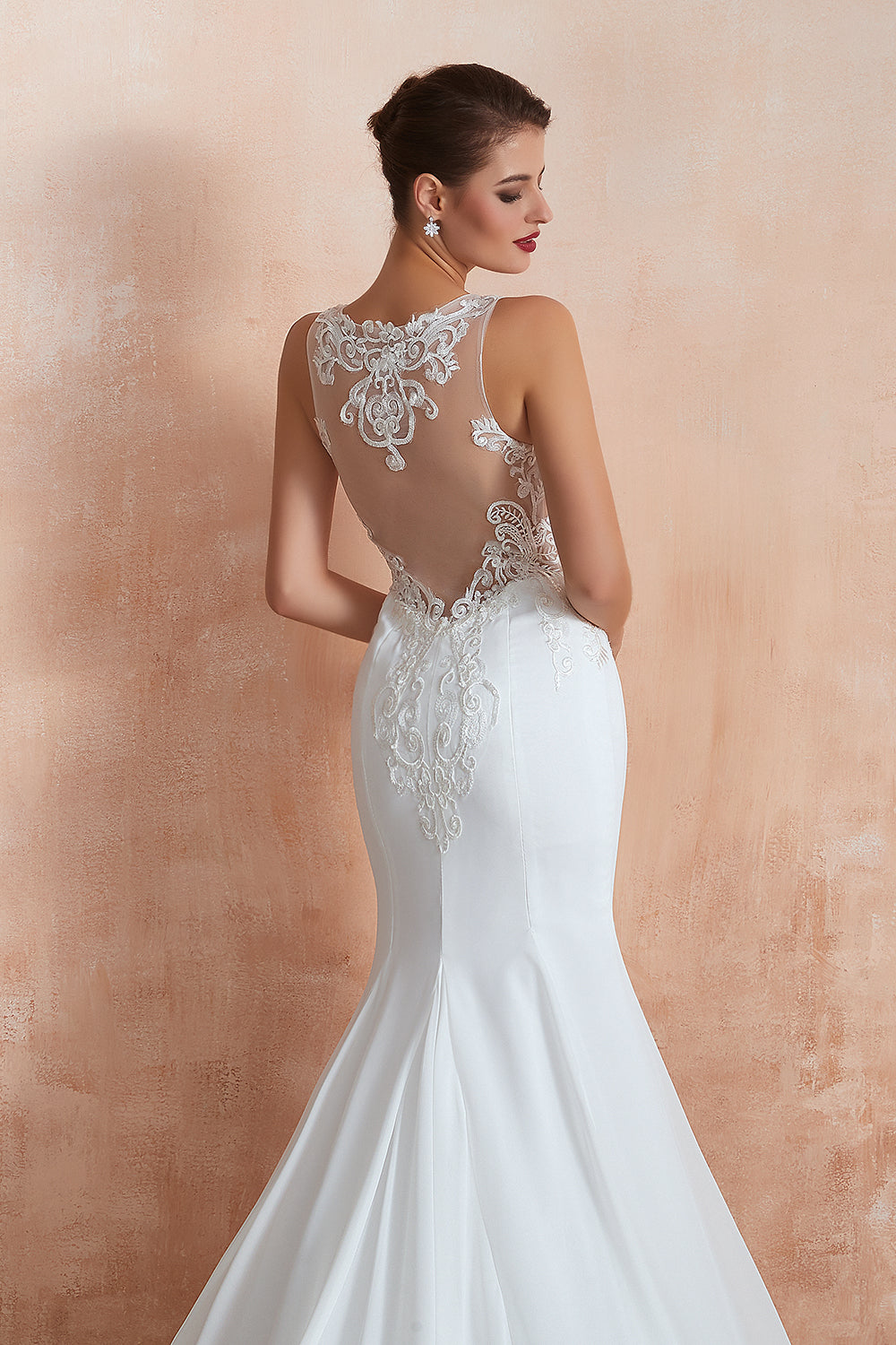 White Scoop Neck Mermaid Wedding Dress with Lace Appliques Back Detail