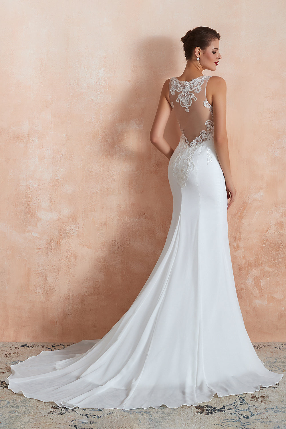White Scoop Neck Mermaid Wedding Dress with Lace Appliques Back View