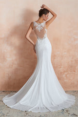 White Scoop Neck Mermaid Wedding Dress with Lace Appliques Back View