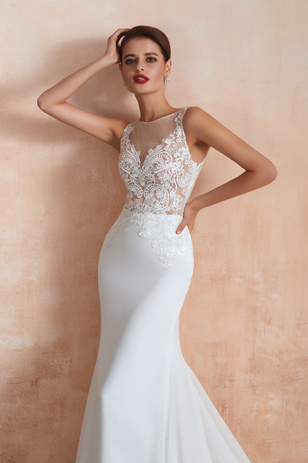 White Scoop Neck Mermaid Wedding Dress with Lace Appliques Bodice Detail