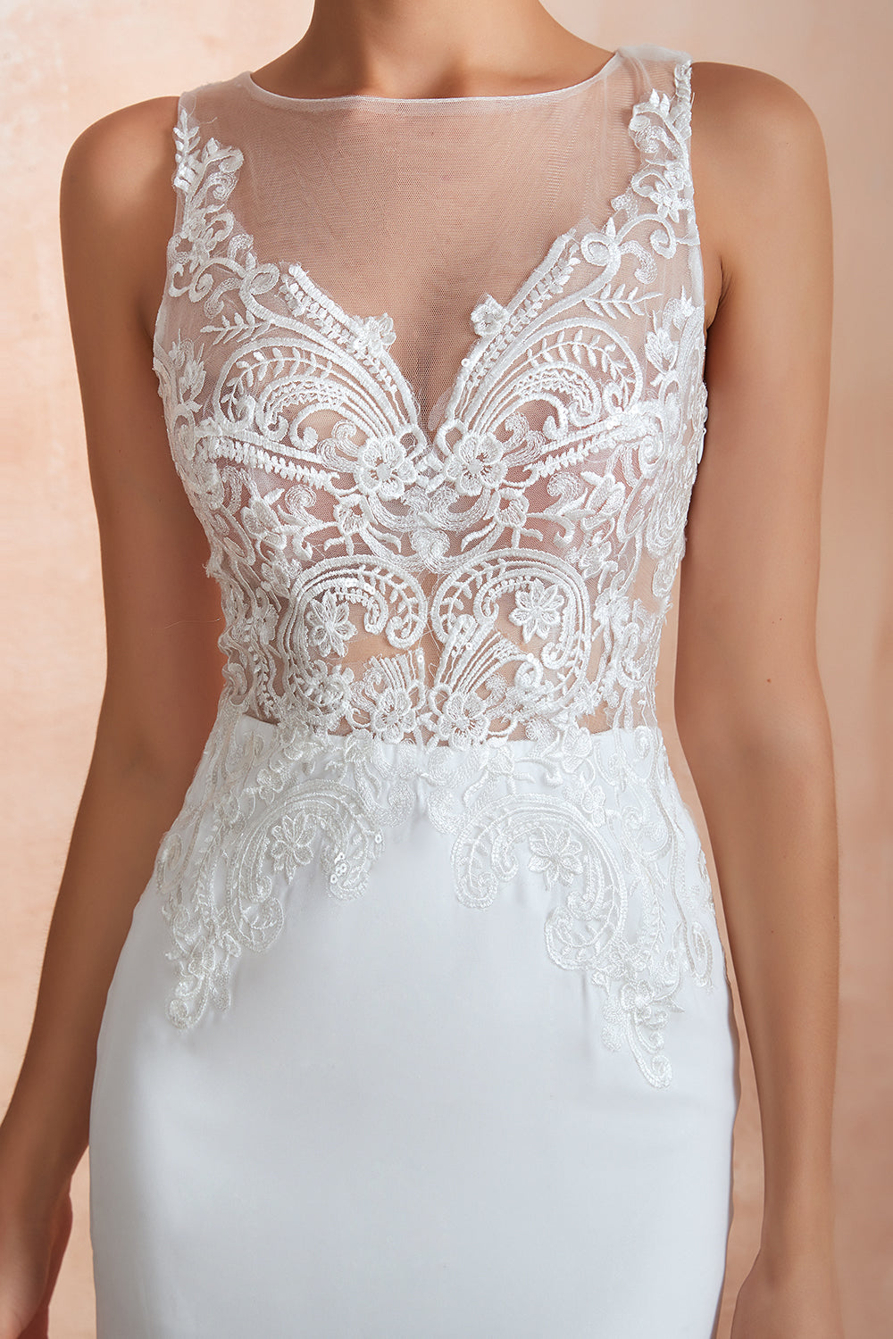 White Scoop Neck Mermaid Wedding Dress with Lace Appliques Bodice Detail