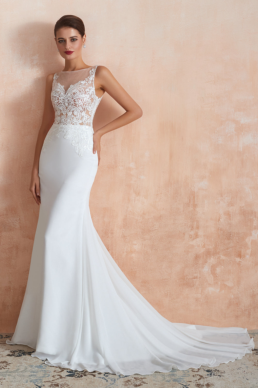 White Scoop Neck Mermaid Wedding Dress with Lace Appliques Side View