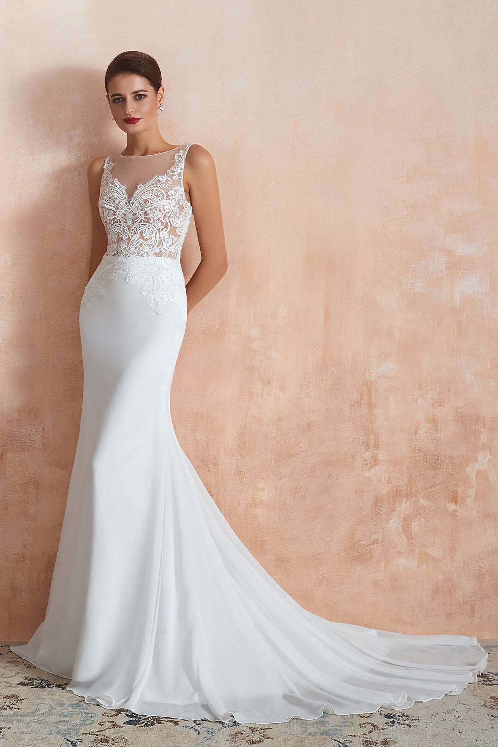 White Scoop Neck Mermaid Wedding Dress with Lace Appliques Side View