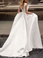 White Scoop Neck Satin A-Line Sweep Train Wedding Dress with Pockets Back View