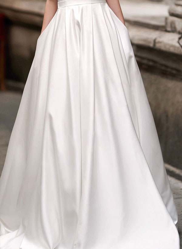 White Scoop Neck Satin A-Line Sweep Train Wedding Dress with Pockets Skirt Detail