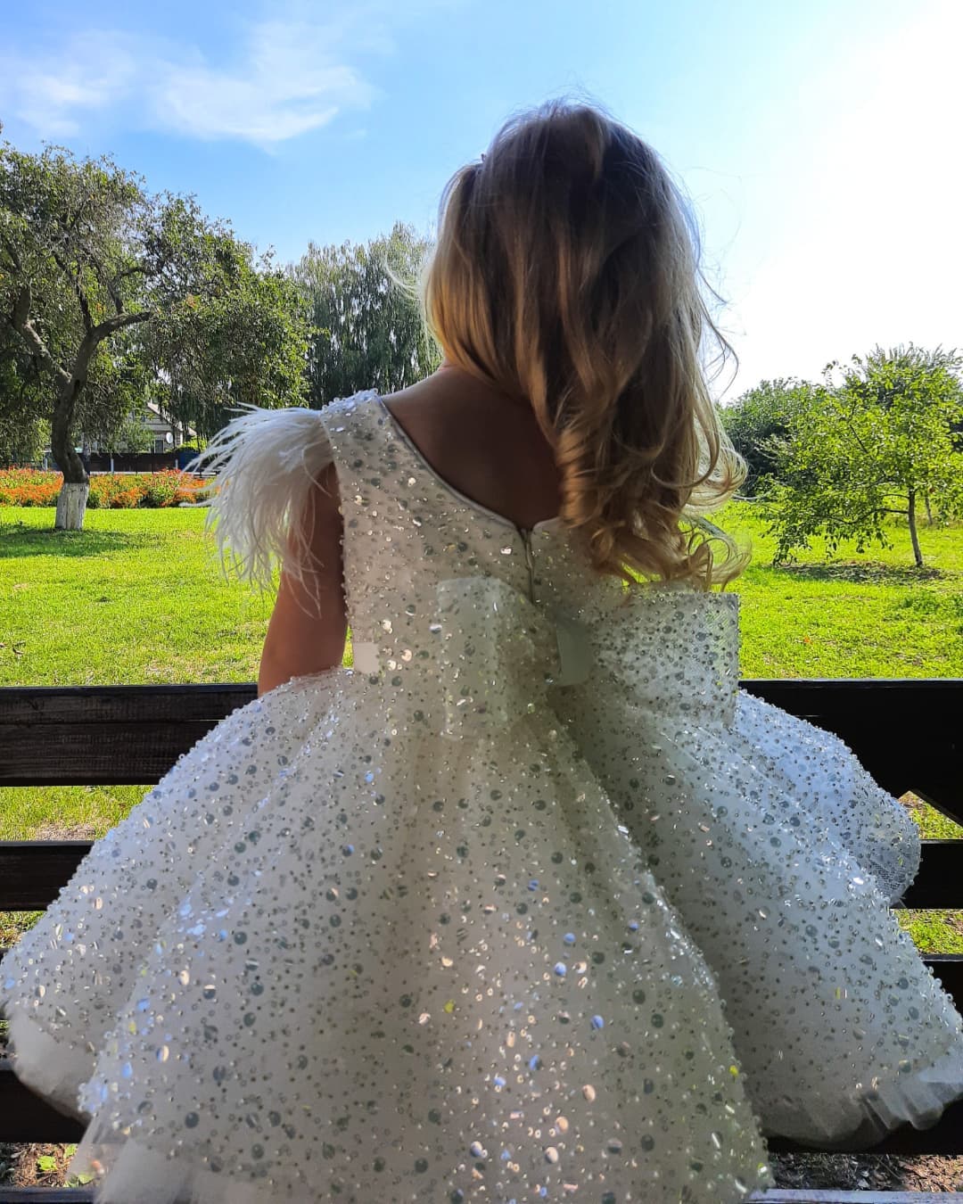 White Scoop Neck Sequin Ball Gown Flower Girl Dress Back View