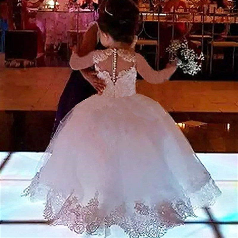 White Scoop Neck Tulle Ball Gown Flower Girl Dress with Long Sleeves and Beading Back View