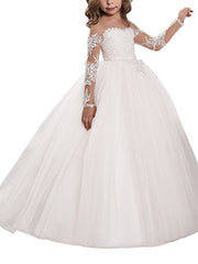 White Scoop Neck Tulle Ball Gown Flower Girl Dress with Long Sleeves and Lace Appliques