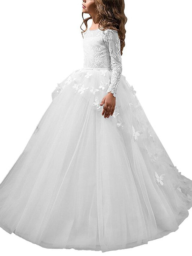 White Scoop Neck Tulle Ball Gown Flower Girl Dress with Long Sleeves and Sweep Train Side View