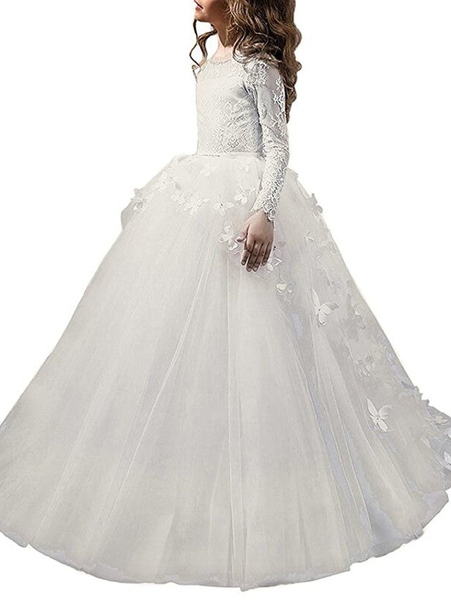 White Scoop Neck Tulle Ball Gown Flower Girl Dress with Long Sleeves and Sweep Train Side View