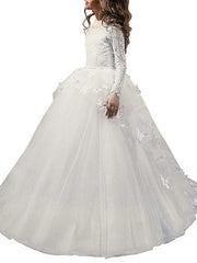 White Scoop Neck Tulle Ball Gown Flower Girl Dress with Long Sleeves and Sweep Train Side View