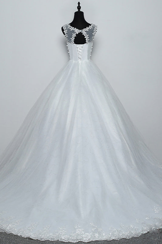 White Scoop Neck Tulle Ball Gown Wedding Dress with Lace Appliques Back View
