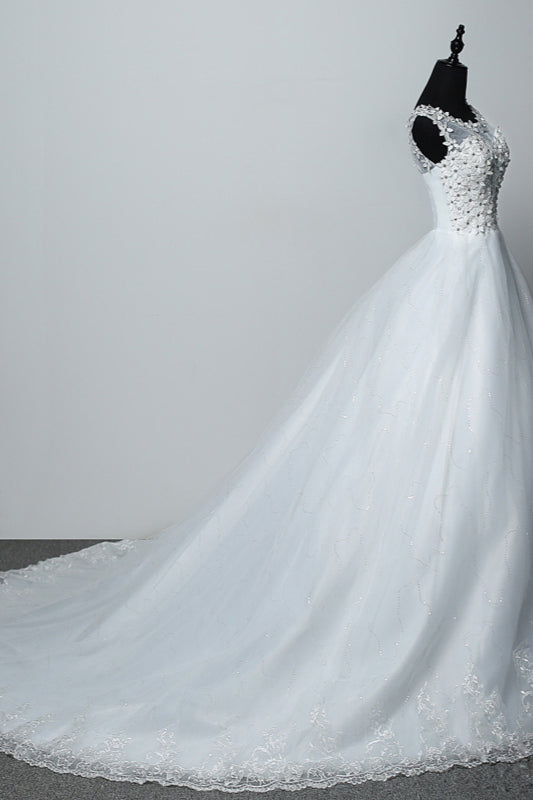 White Scoop Neck Tulle Ball Gown Wedding Dress with Lace Appliques Side View