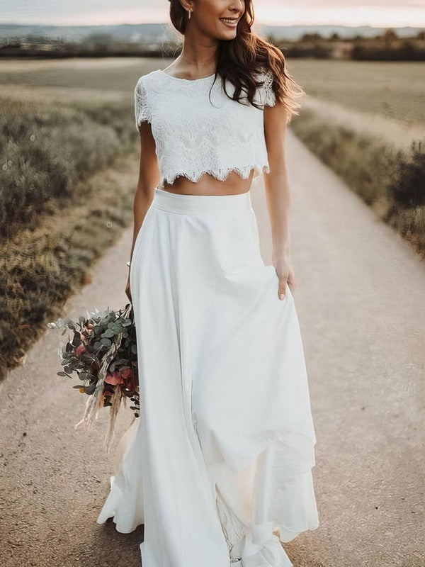 White Scoop Neck Two Piece Wedding Dress with Lace Appliques