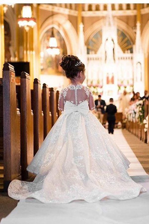 White Sequin Ball Gown Flower Girl Dress with Lace Appliques