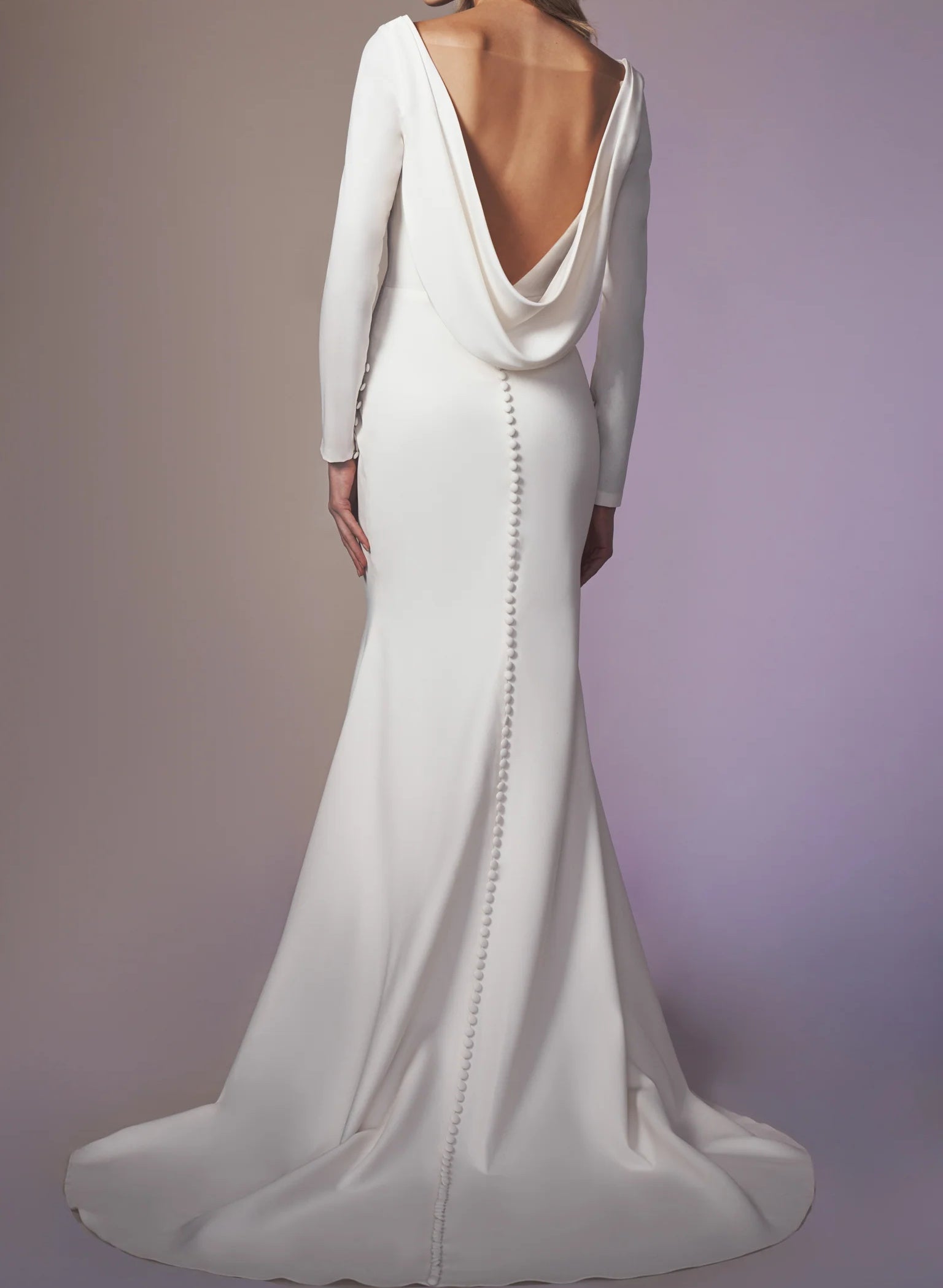 White Sheath Sweep Train Wedding Dress with Long Sleeves Back View