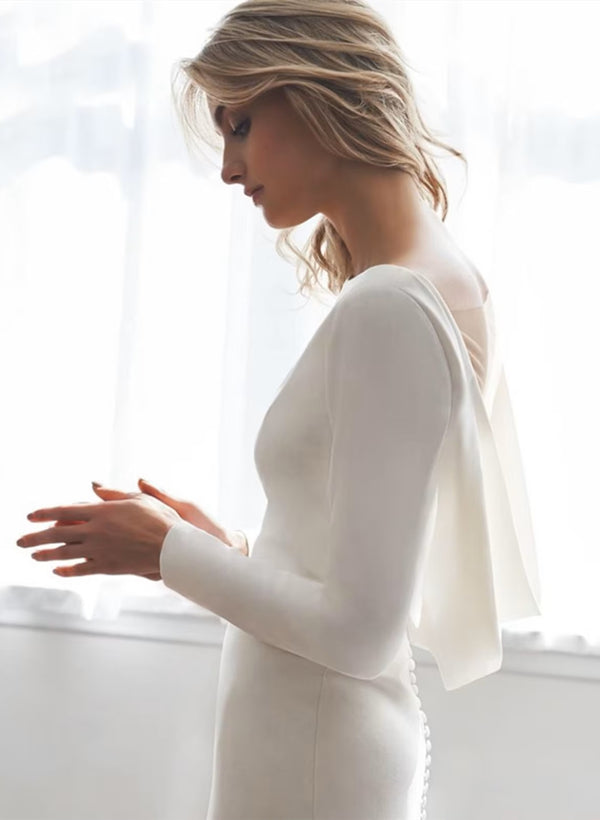 White Sheath Sweep Train Wedding Dress with Long Sleeves Close-Up