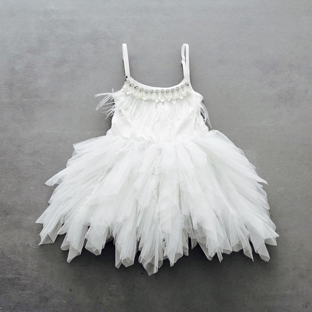White Spaghetti Strap A-Line Flower Girl Dress with Feathers