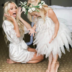 White Spaghetti Strap A-Line Flower Girl Dress with Feathers Group
