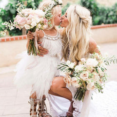 White Spaghetti Strap A-Line Flower Girl Dress with Feathers Group