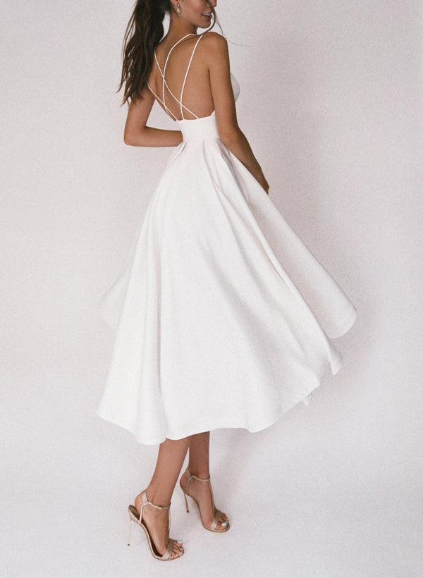 White Spaghetti Strap A-Line Wedding Dress with Pleats Back View