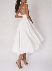 White Spaghetti Strap A-Line Wedding Dress with Pleats Back View