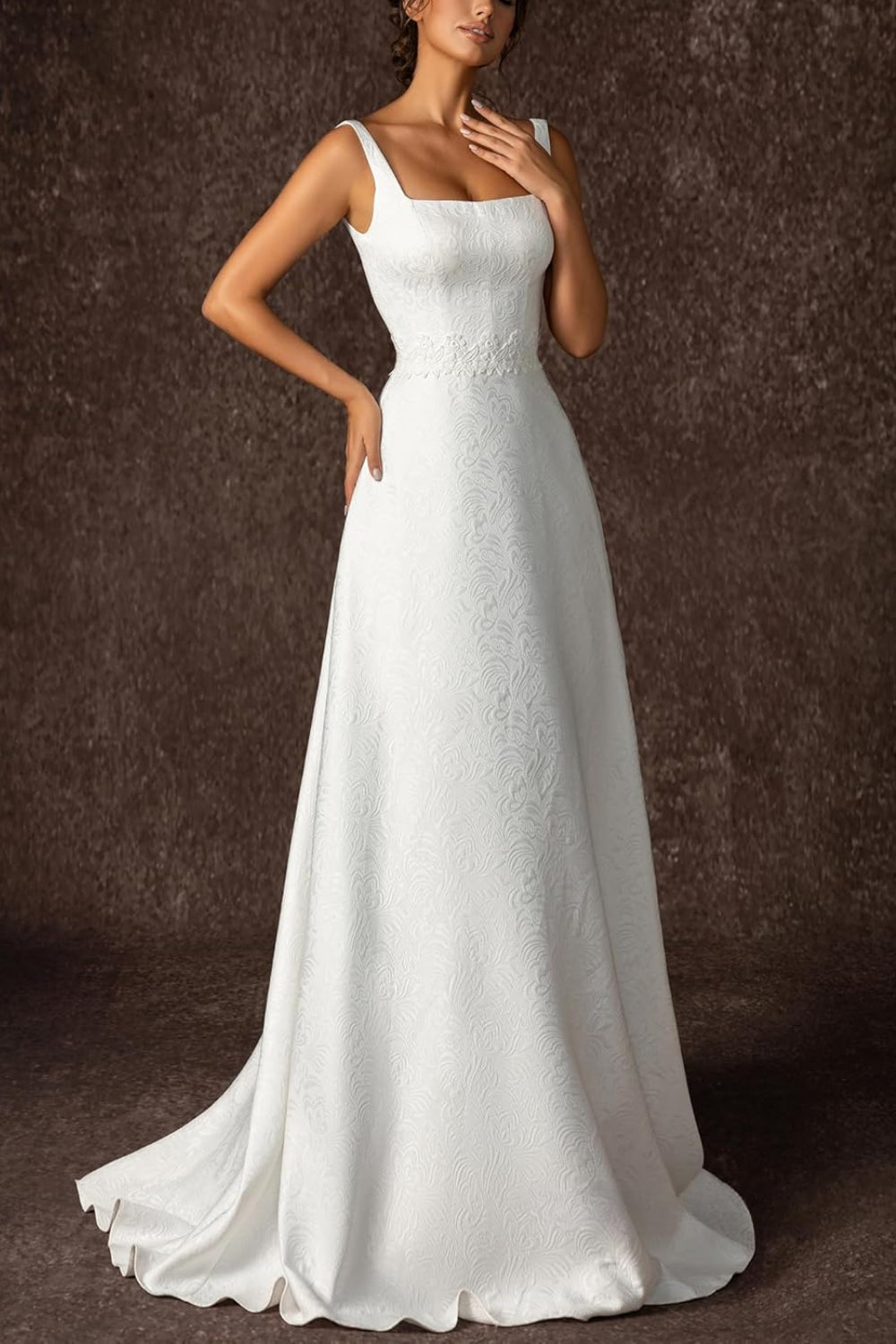 White Square Neck A-Line Sweep Train Wedding Dress with Lace Appliques