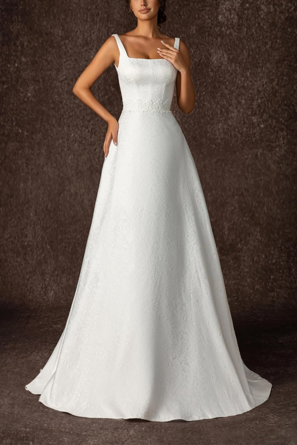 White Square Neck A-Line Sweep Train Wedding Dress with Lace Appliques